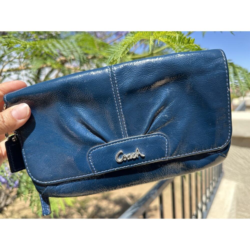 COACH Ashley Blue, Patent Leather Flap Wristlet Or Handle Wallet Clutch